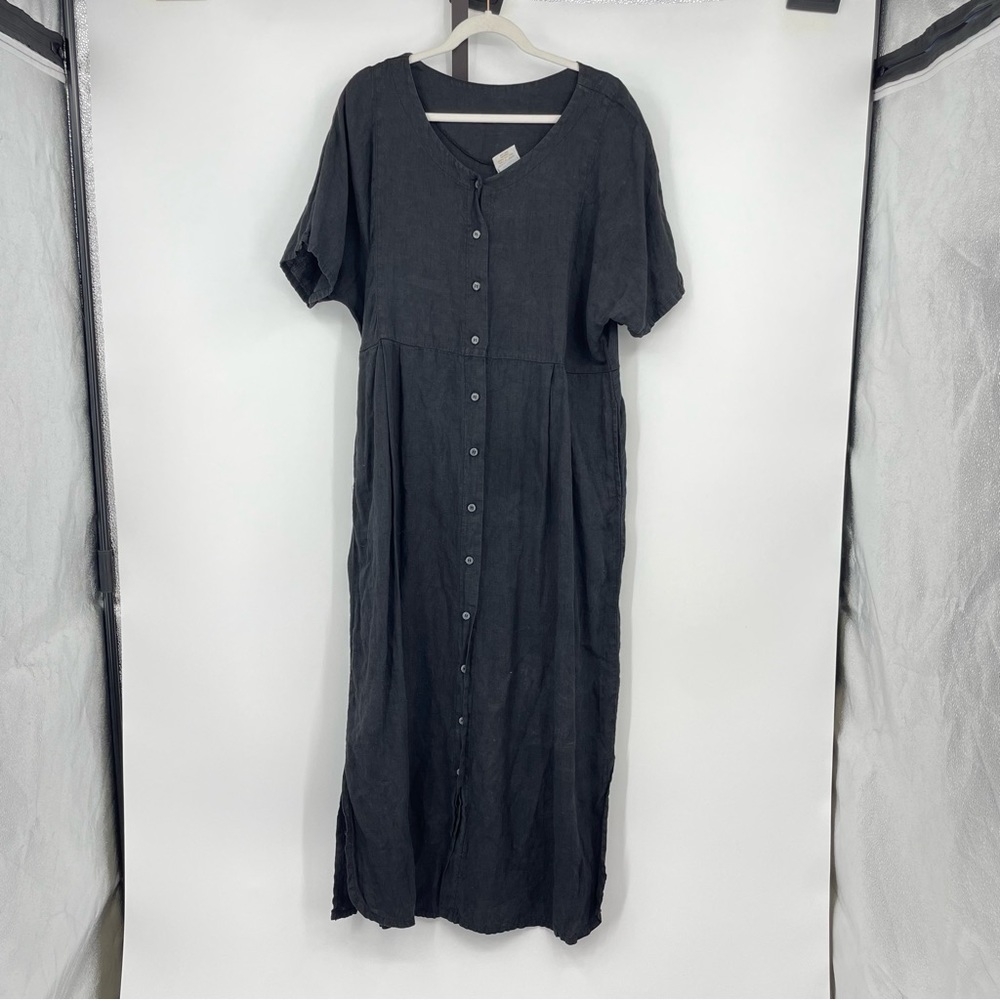 Tom Tom California black 100% linen long button front sun dress short sleeve L